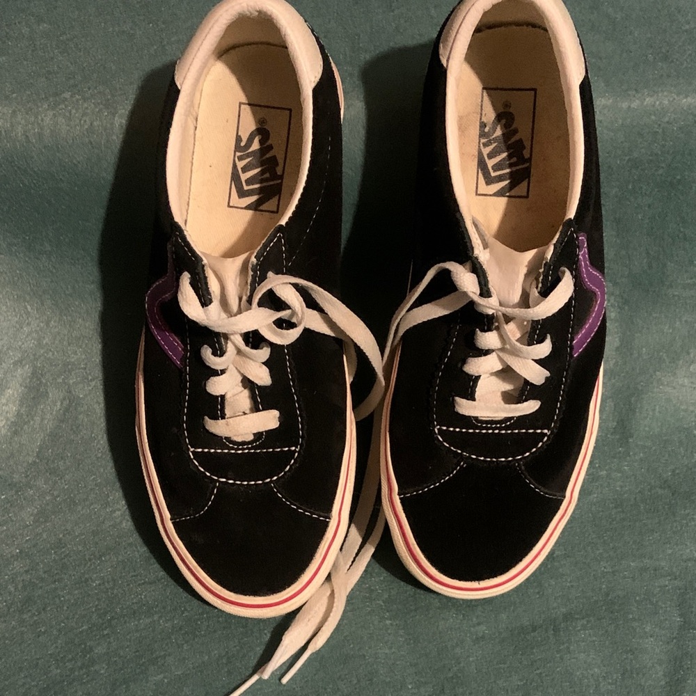 Vans Black Sneakers with Purple Side Stripe and White Laces